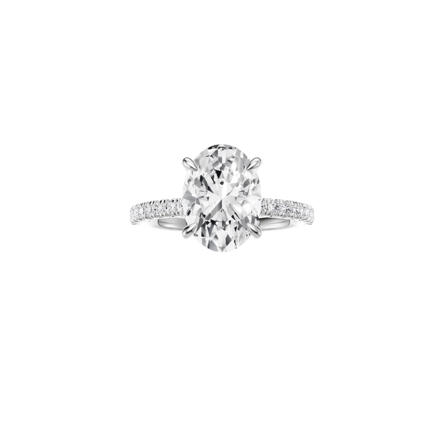 PT EF VS laboratory grown diamond french pave ring with a oval cut diamond in a classic claw setting
